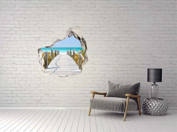 Pegatina efecto 3d pared rota decorativa Playa tropical con muelle de madera