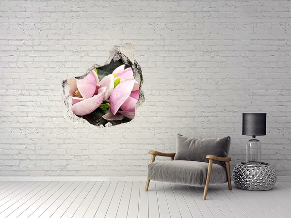 Pegatina efecto 3d pared rota decorativa Flores de magnolia a través de un agujero en la pared.