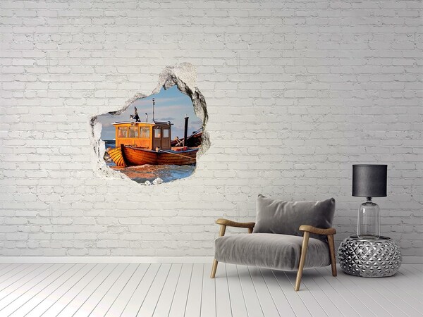 Vinilo decorativo boquete pared irregular Una bahía con un barco pesquero.