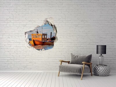 Vinilo decorativo boquete pared irregular Una bahía con un barco pesquero.