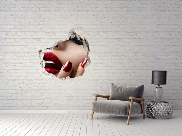 Vinilo decorativo boquete pared irregular Mujer sensual con labios rojos