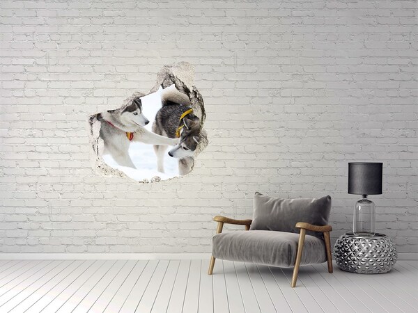 Vinilo adhesivo efecto agujero 3d para casa Huskies siberianos en acción