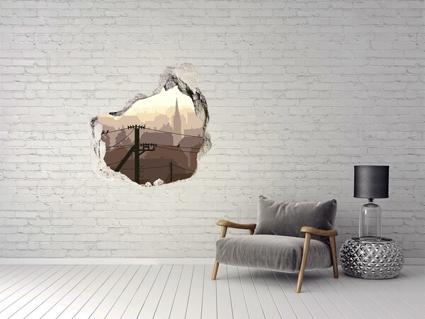 Pegatina efecto 3d pared rota decorativa Vista de la ciudad a través de un agujero en la pared.