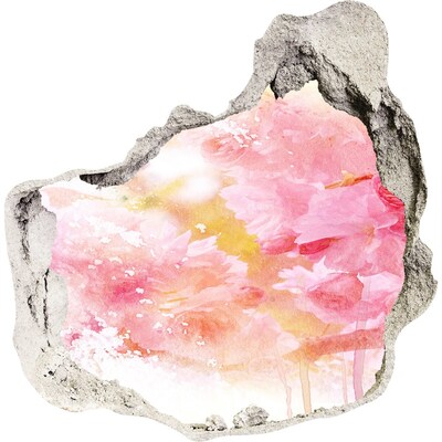 Vinilo decorativo boquete pared irregular Un paisaje floral detrás de un agujero en la pared.