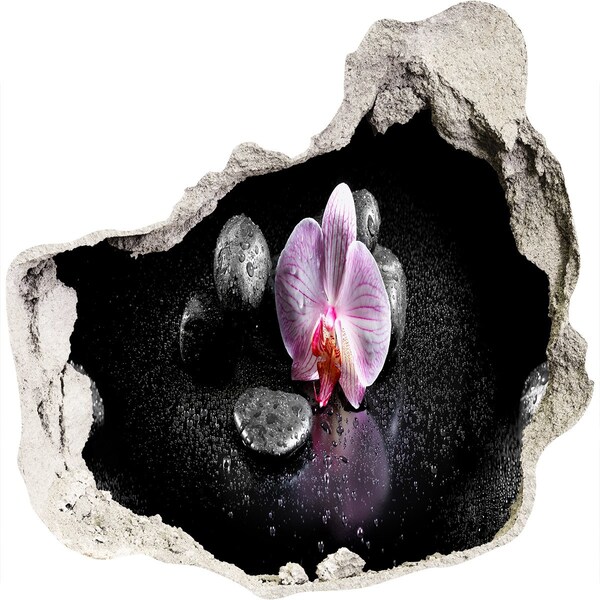 Vinilo decorativo boquete pared irregular Flor de orquídea rodeada de piedras.