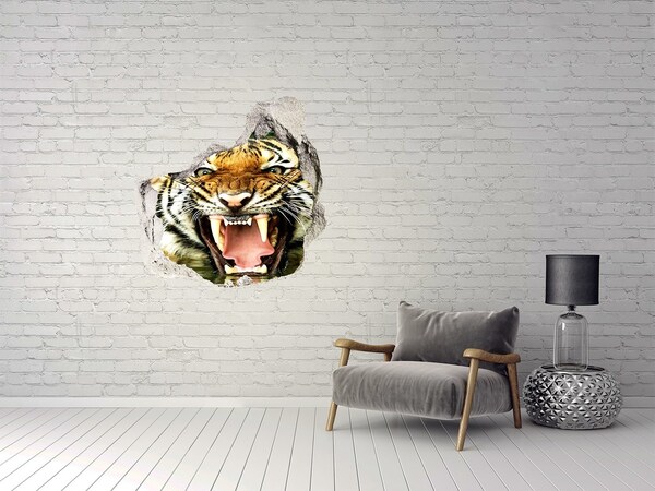 Vinilo decorativo boquete pared irregular Tigre en acción