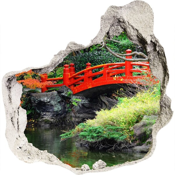 Pegatina efecto 3d pared rota decorativa Puente japonés en el jardín.