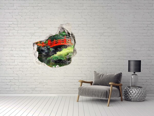 Pegatina efecto 3d pared rota decorativa Puente japonés en el jardín.