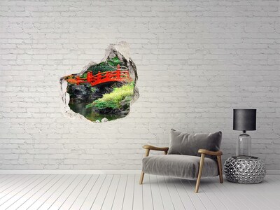 Pegatina efecto 3d pared rota decorativa Puente japonés en el jardín.