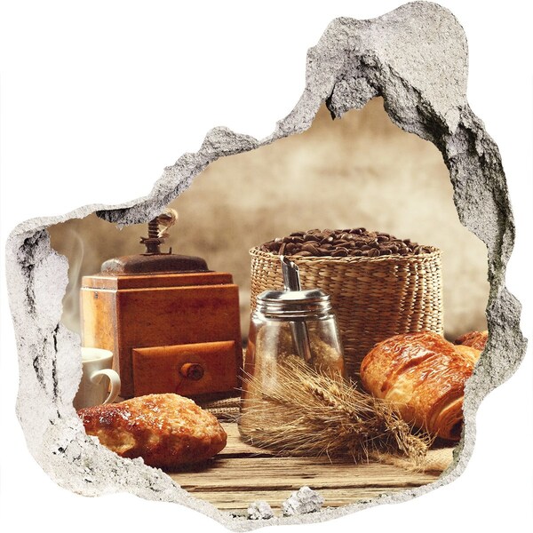 Vinilo decorativo boquete pared irregular Café de la mañana y pan fresco.
