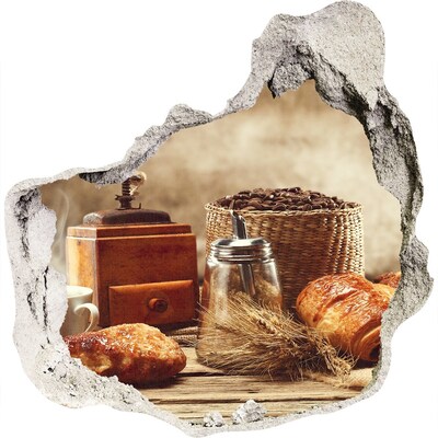 Vinilo decorativo boquete pared irregular Café de la mañana y pan fresco.