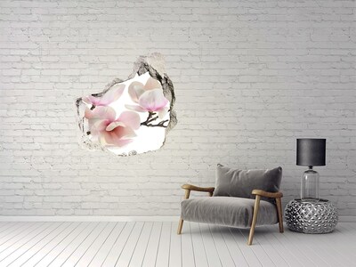 Pegatina efecto 3d pared rota decorativa Flores de magnolia a través de un agujero en la pared.