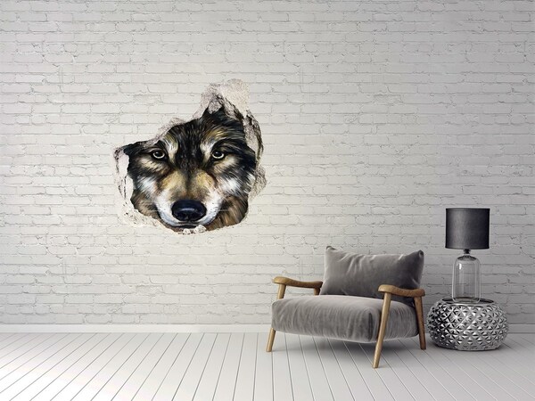 Pegatina efecto 3d pared rota decorativa La mirada del lobo a través de la pared