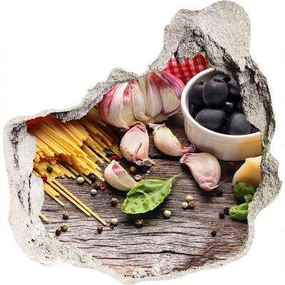Pegatina efecto 3d pared rota decorativa Cocina italiana con pasta y ajo.
