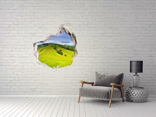 Pegatina efecto 3d pared rota decorativa Colinas verdes en las nubes