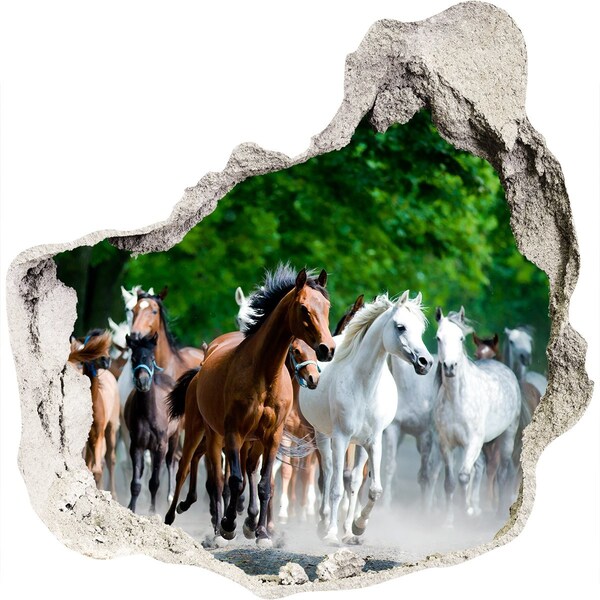 Vinilo decorativo boquete pared irregular Una manada de caballos en fuga