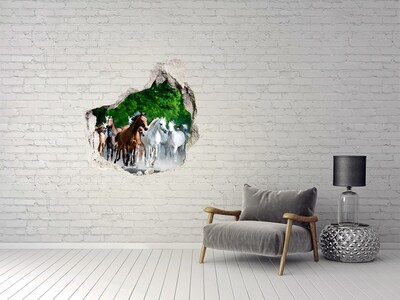 Vinilo decorativo boquete pared irregular Una manada de caballos en fuga