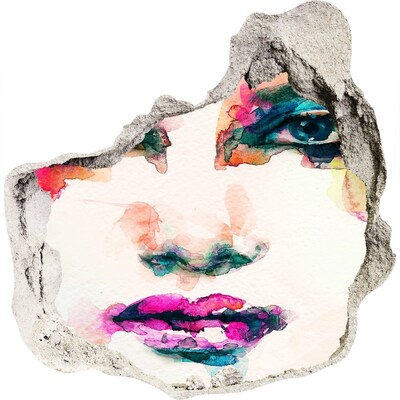 Pegatina efecto 3d pared rota decorativa Un retrato colorido en un agujero en la pared.