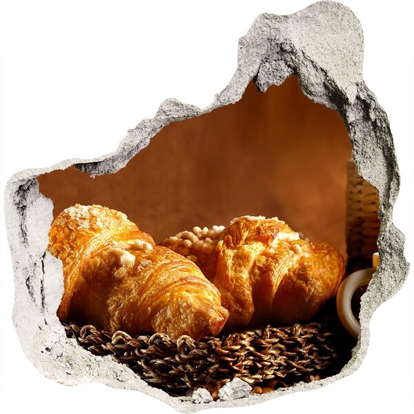 Vinilo adhesivo efecto agujero 3d para casa Deliciosos croissants en un agujero en la pared