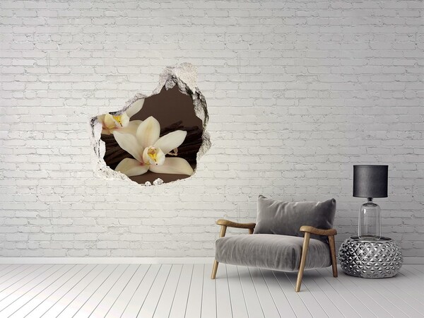 Vinilo adhesivo efecto agujero 3d para casa Flores de orquídea en una pared dañada.