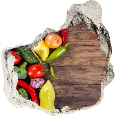 Vinilo decorativo boquete pared irregular Frutas y verduras en un agujero en la pared