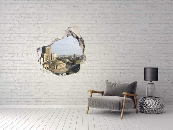 Vinilo decorativo boquete pared irregular Vista de Varsovia desde un agujero en la pared