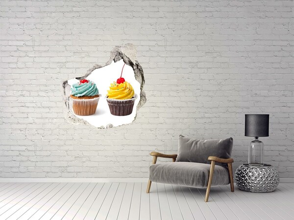 Vinilo adhesivo efecto agujero 3d para casa Deliciosos cupcakes en un agujero en la pared
