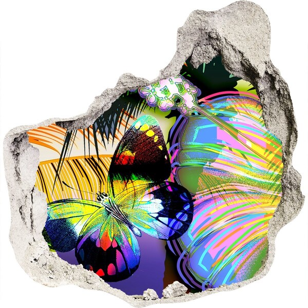 Vinilo adhesivo efecto agujero 3d para casa Una mariposa colorida en un agujero en la pared.