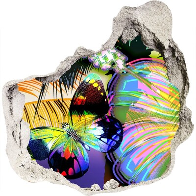 Vinilo adhesivo efecto agujero 3d para casa Una mariposa colorida en un agujero en la pared.