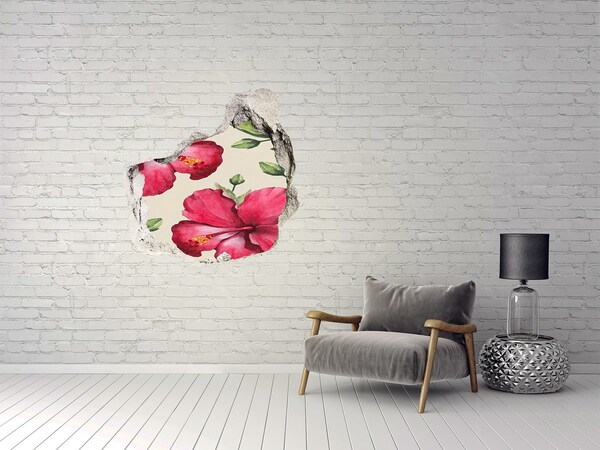 Vinilo decorativo boquete pared irregular Flores de hibisco a través de un agujero en la pared.