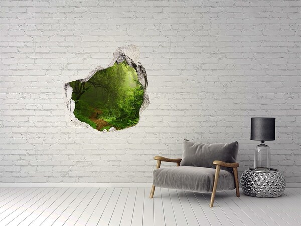 Vinilo decorativo boquete pared irregular Bosque verde con un sendero forestal