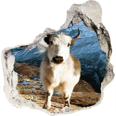 Vinilo adhesivo efecto agujero 3d para casa Búfalo de montaña en un agujero en la pared