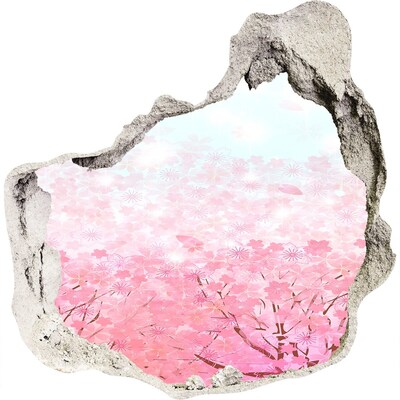 Vinilo adhesivo efecto agujero 3d para casa Un paisaje floral en tonos rosa.