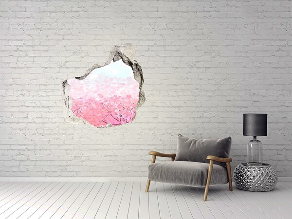 Vinilo adhesivo efecto agujero 3d para casa Un paisaje floral en tonos rosa.