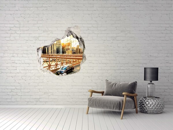 Pegatina efecto 3d pared rota decorativa Puente de Brooklyn al atardecer