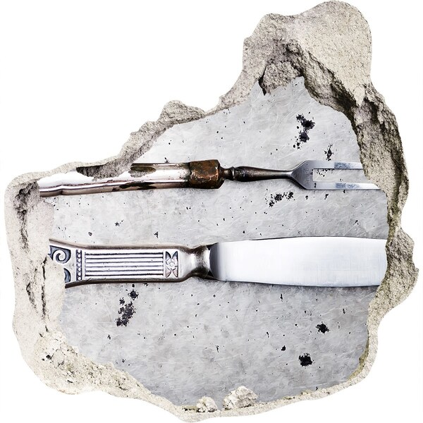 Vinilo adhesivo efecto agujero 3d para casa Una pared dañada con herramientas de cocina.