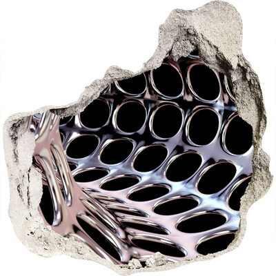 Pegatina efecto 3d pared rota decorativa Malla metálica a través de un agujero en la pared.