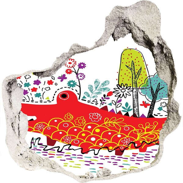 Pegatina efecto 3d pared rota decorativa Cocodrilo en un paisaje colorido