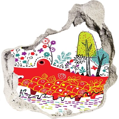 Pegatina efecto 3d pared rota decorativa Cocodrilo en un paisaje colorido