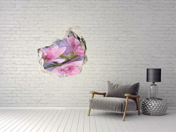 Vinilo adhesivo efecto agujero 3d para casa Flores de magnolia en un agujero en la pared.