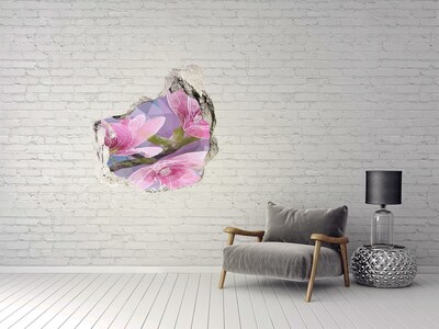 Vinilo adhesivo efecto agujero 3d para casa Flores de magnolia en un agujero en la pared.