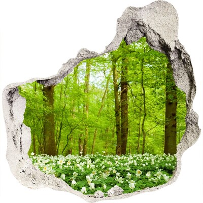 Vinilo decorativo boquete pared irregular Un bosque verde con flores florecientes