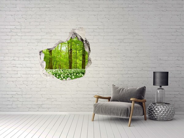 Vinilo decorativo boquete pared irregular Un bosque verde con flores florecientes