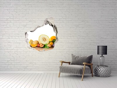 Vinilo decorativo boquete pared irregular Frutas y verduras en un agujero en la pared