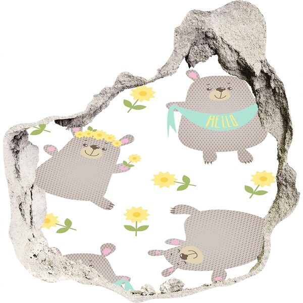 Dziura 3d fototapeta naklejka Uśmiechnięte misie w kwiatowej scenerii