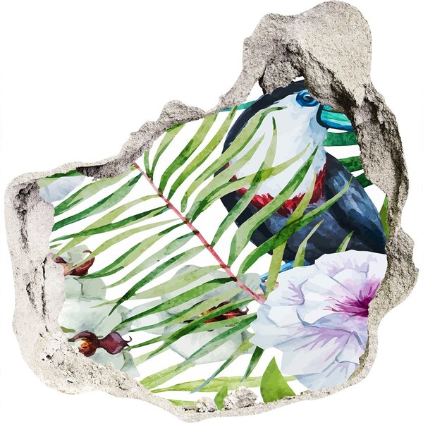 Pegatina efecto 3d pared rota decorativa Oasis tropical con un pájaro