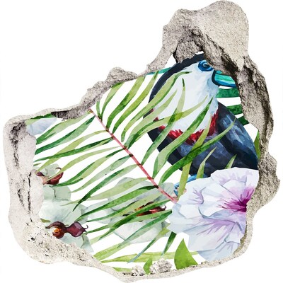 Pegatina efecto 3d pared rota decorativa Oasis tropical con un pájaro