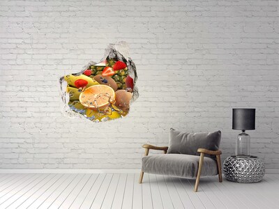 Vinilo decorativo boquete pared irregular El paraíso de las frutas detrás del muro