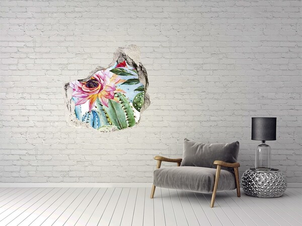 Vinilo decorativo boquete pared irregular Un oasis floral entre los cactus.