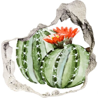 Pegatina efecto 3d pared rota decorativa Un cactus con una flor en un agujero en la pared.